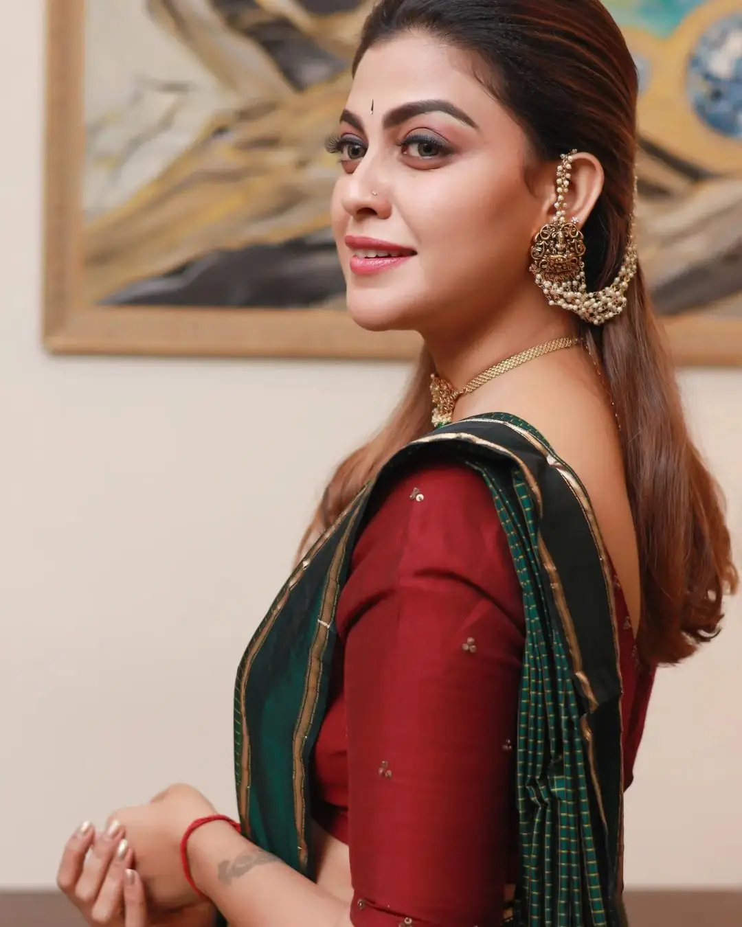 Malayalam Actress Anusree Nair in Green Saree Maroon Blouse